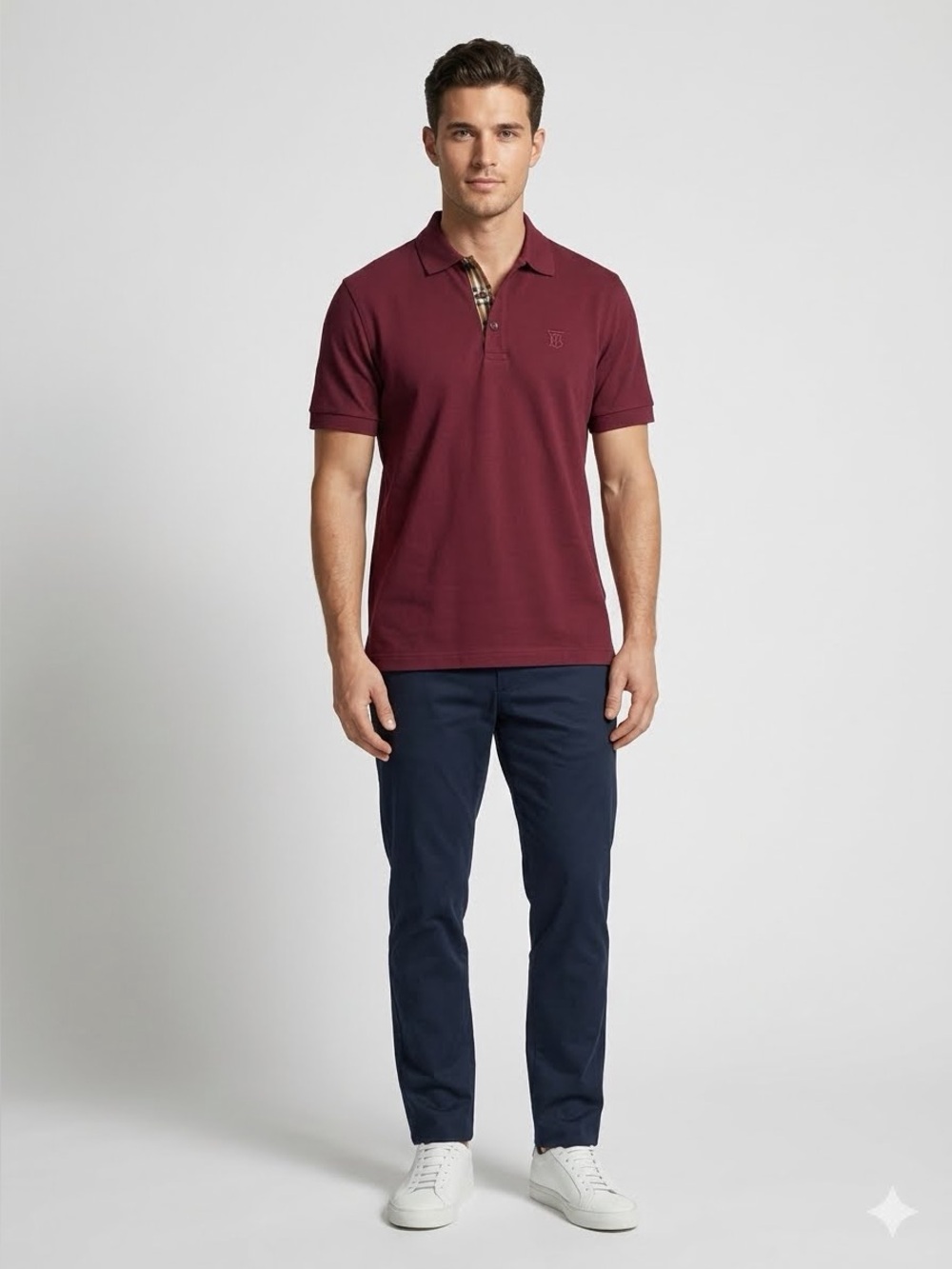Burberry Men's Maroon Polo with Check Trim